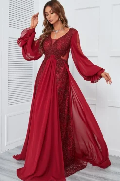 Burgundy Beaded Long Prom Dress with Lace