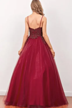 Burgundy Beaded Long Prom Dress