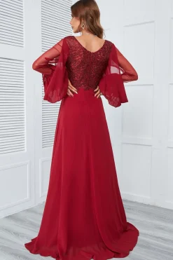 Burgundy Beaded Long Prom Dress with Lace