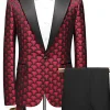 Burgundy Jacquard Notched Lapel 2 Piece Men's Suits