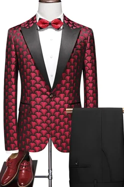 Burgundy Jacquard Notched Lapel 2 Piece Men's Suits