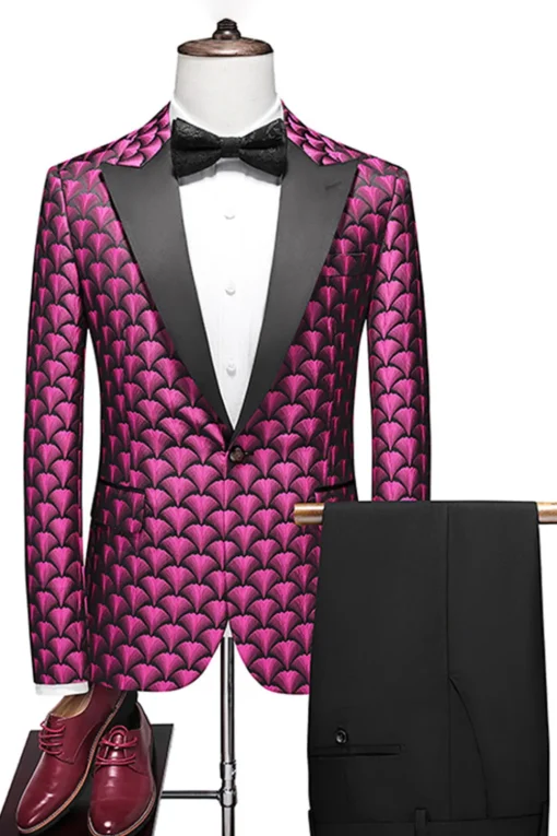 Burgundy Jacquard Notched Lapel 2 Piece Men's Suits