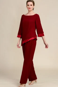 Burgundy Long Sleeves 2 Piece Mother of the Bride Pant Suits