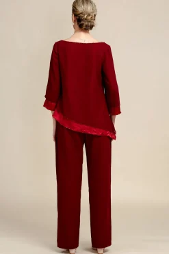 Burgundy Long Sleeves 2 Piece Mother of the Bride Pant Suits