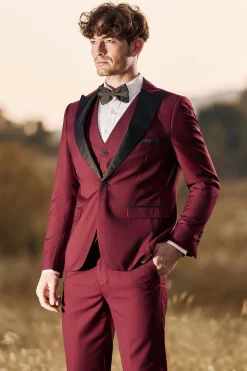 Burgundy Men's 3 Pieces Peak Lapel One Button Prom Suits