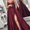 Burgundy Satin A Line Prom Dress with Pockets