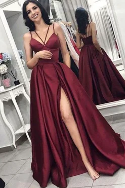 Burgundy Satin A Line Prom Dress with Pockets