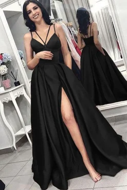 Burgundy Satin A Line Prom Dress with Pockets