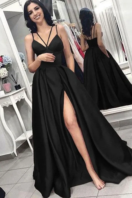 Burgundy Satin A Line Prom Dress with Pockets