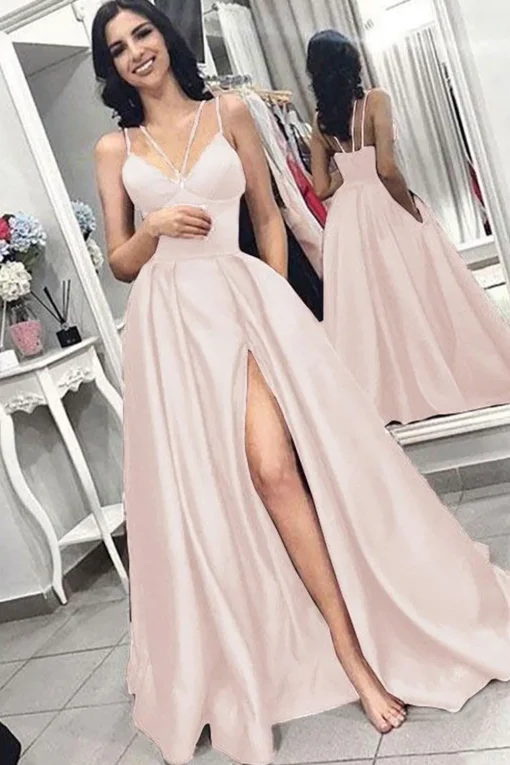 Burgundy Satin A Line Prom Dress with Pockets