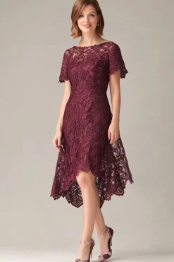 Burgundy Sheath Lace Short Sleeves Hi-Low Mother of the Bride Dress