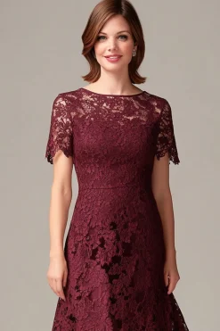 Burgundy Sheath Lace Short Sleeves Hi-Low Mother of the Bride Dress