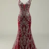Burgundy Spaghetti Straps Mermaid Glitter Prom Dress