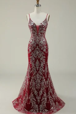 Burgundy Spaghetti Straps Mermaid Glitter Prom Dress