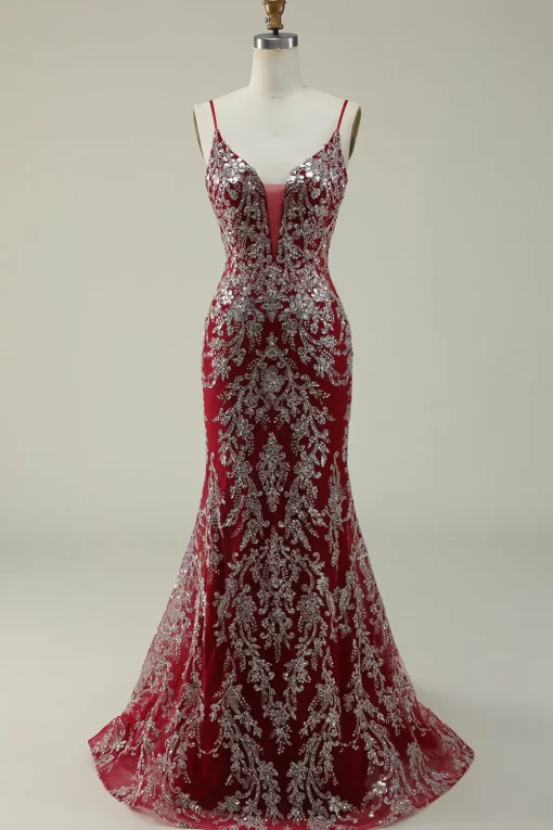 Burgundy Spaghetti Straps Mermaid Glitter Prom Dress