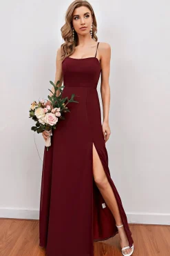 Burgundy Spaghetti Straps Long Bridesmaid Dress with Split