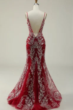 Burgundy Spaghetti Straps Mermaid Glitter Prom Dress