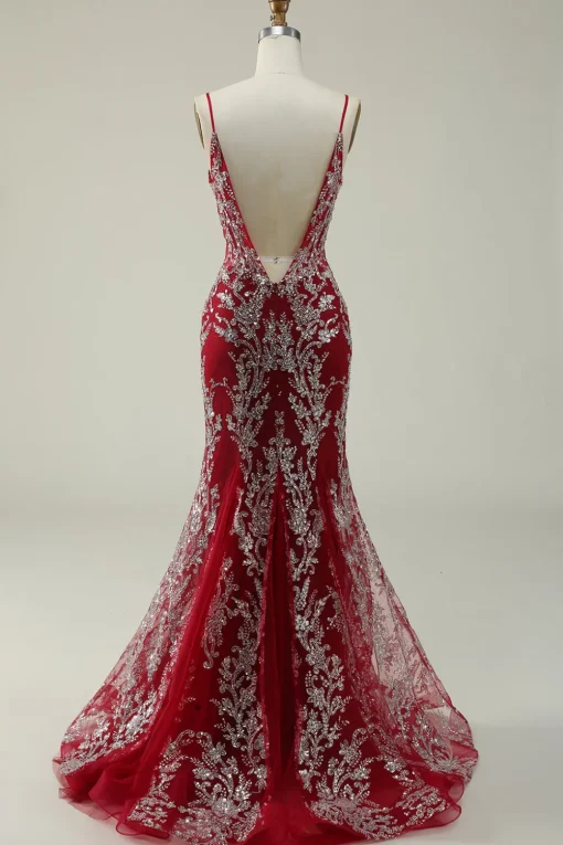 Burgundy Spaghetti Straps Mermaid Glitter Prom Dress