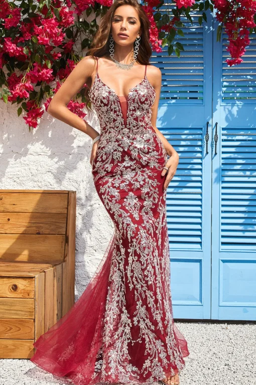 Burgundy Spaghetti Straps Mermaid Glitter Prom Dress