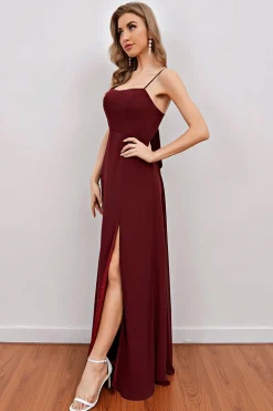 Burgundy Spaghetti Straps Long Bridesmaid Dress with Split