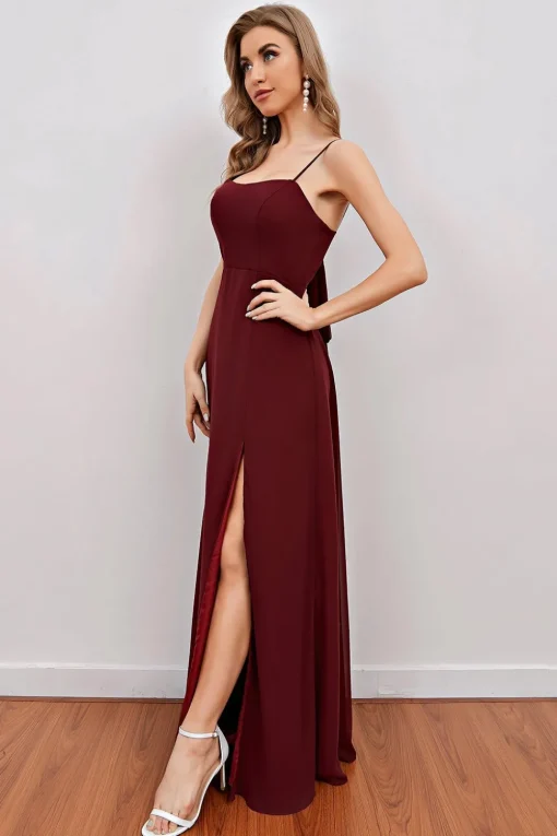 Burgundy Spaghetti Straps Long Bridesmaid Dress with Split