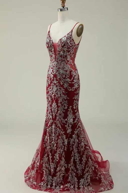 Burgundy Spaghetti Straps Mermaid Glitter Prom Dress