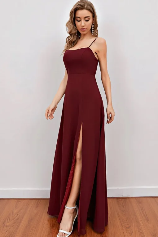 Burgundy Spaghetti Straps Long Bridesmaid Dress with Split