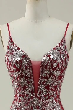 Burgundy Spaghetti Straps Mermaid Glitter Prom Dress