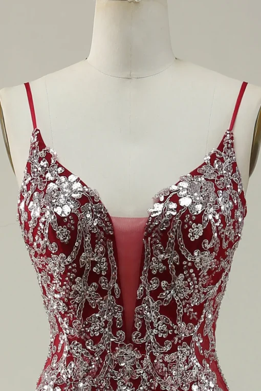 Burgundy Spaghetti Straps Mermaid Glitter Prom Dress
