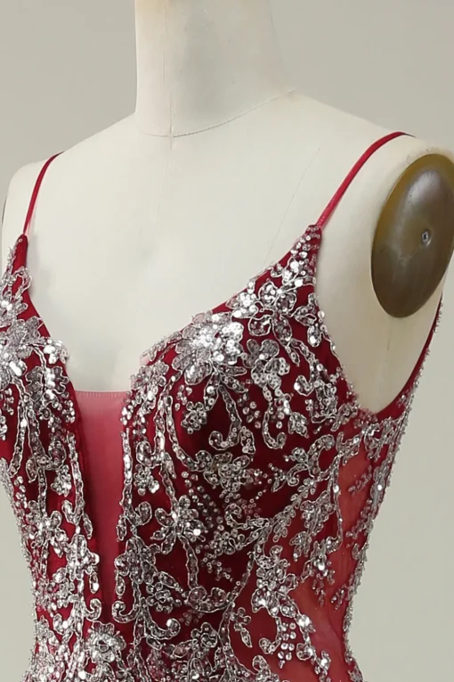 Burgundy Spaghetti Straps Mermaid Glitter Prom Dress