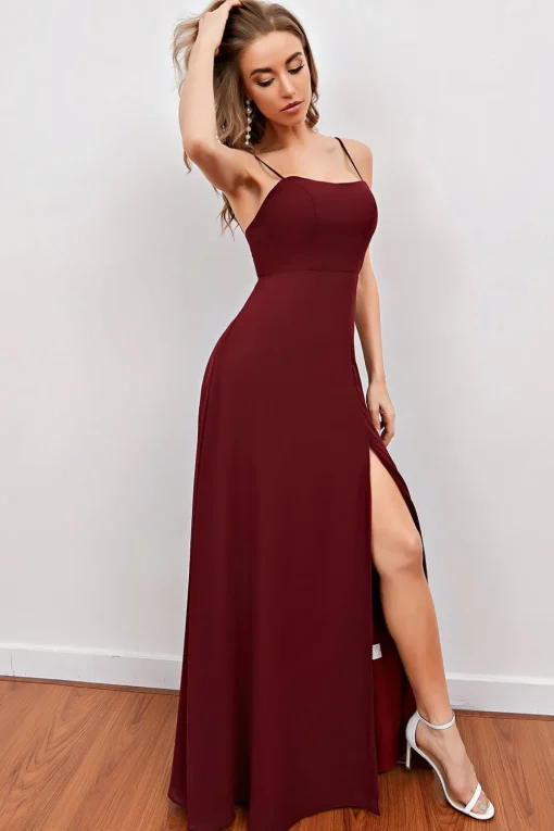 Burgundy Spaghetti Straps Long Bridesmaid Dress with Split
