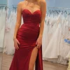 Burgundy Strapless Satin Mermaid Prom Dress with Slit