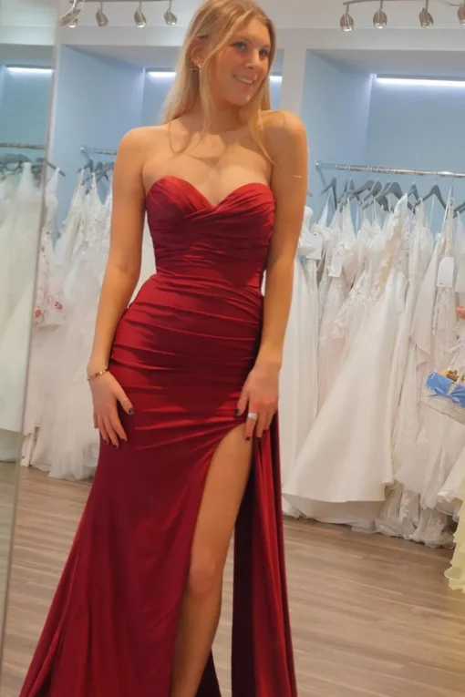 Burgundy Strapless Satin Mermaid Prom Dress with Slit