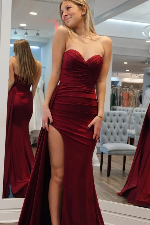 Burgundy Strapless Satin Mermaid Prom Dress with Slit