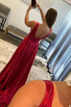 Burgundy V Neck Backless Long Prom Dress with Slit