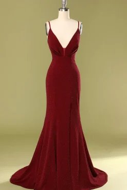 Burgundy V-neck Mermaid Prom Dress with Lace-up Back