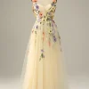 Champagne A Line Tulle Prom Dress with Appliques