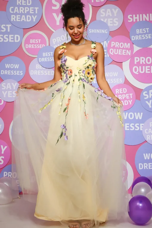 Champagne A Line Tulle Princess Prom Dress with Appliques