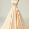 Champagne Backless A Line Satin Prom Dress