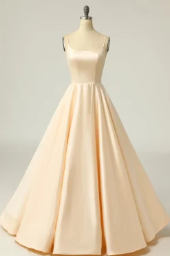 Champagne Backless A Line Satin Prom Dress