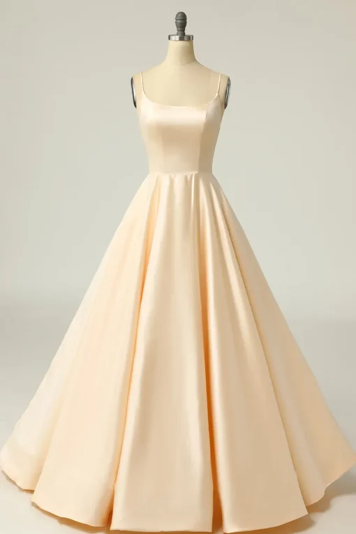 Champagne Backless A Line Satin Prom Dress