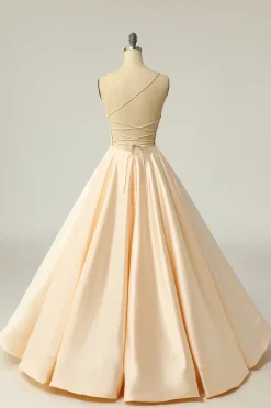 Champagne Backless A Line Satin Prom Dress