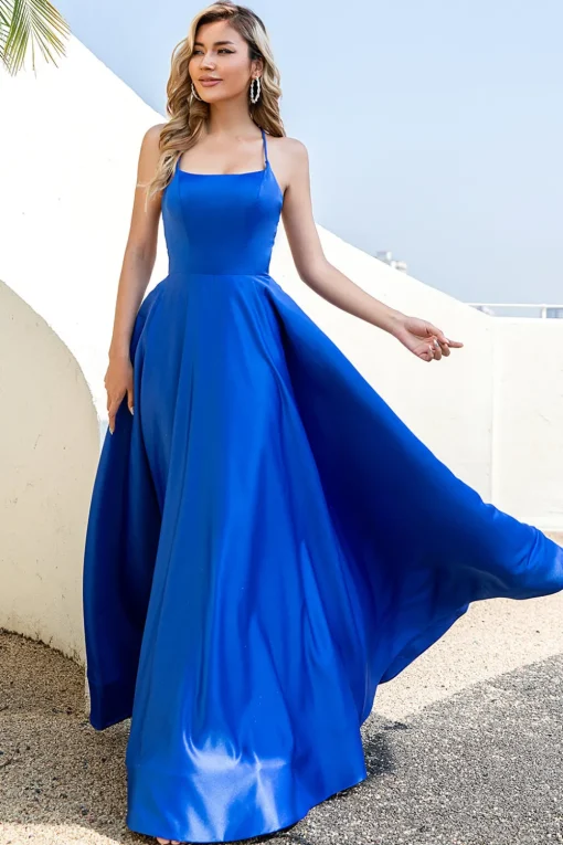 Champagne Backless A Line Satin Prom Dress