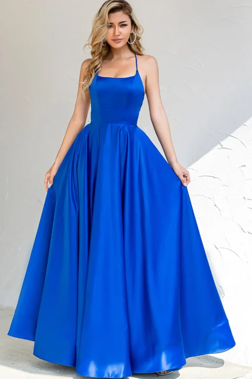Champagne Backless A Line Satin Prom Dress