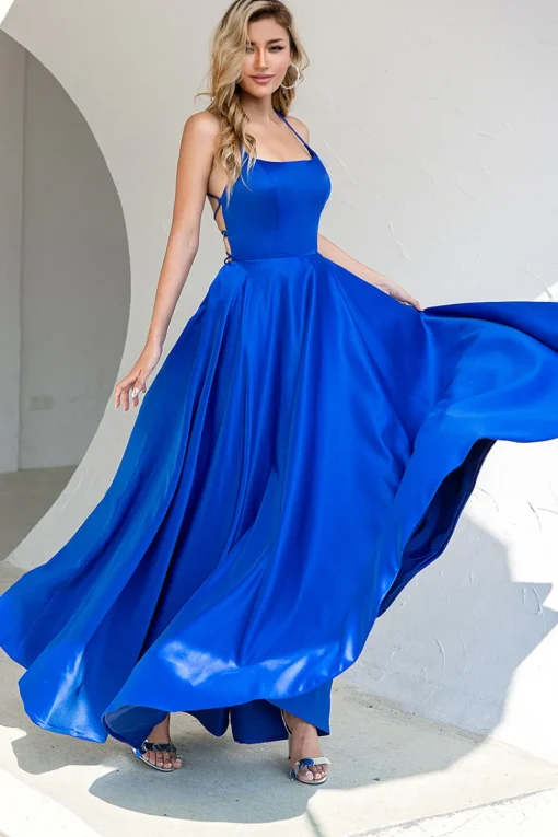 Champagne Backless A Line Satin Prom Dress