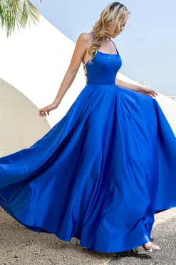 Champagne Backless A Line Satin Prom Dress