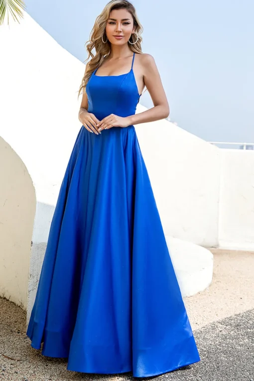 Champagne Backless A Line Satin Prom Dress