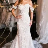 Champagne Cold Shoulder Long Train Mermaid Wedding Dress with Appliques