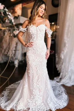 Champagne Cold Shoulder Long Train Mermaid Wedding Dress with Appliques