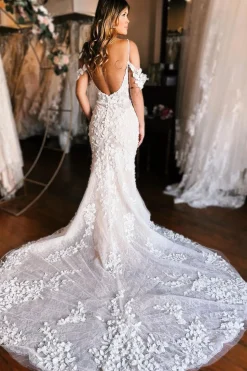 Champagne Cold Shoulder Long Train Mermaid Wedding Dress with Appliques